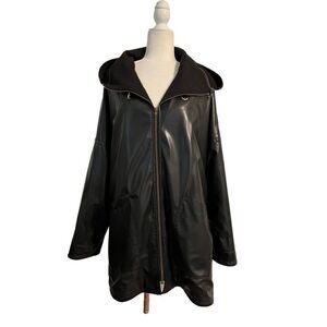Vintage Oxford Street Paris faux black leather flared wide lapel hooded jacket